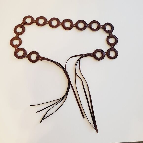 Fossil Women's Belt Large Brown Leather Wrapped Circles Tassel Tie Closure Boho - Picture 3 of 5